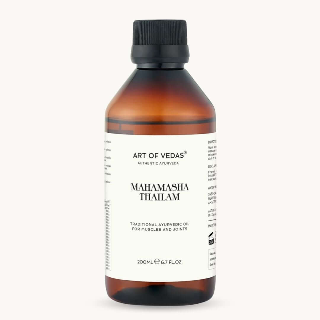 Bottle of Art of Vedas Mahamasha Thailam on a white background