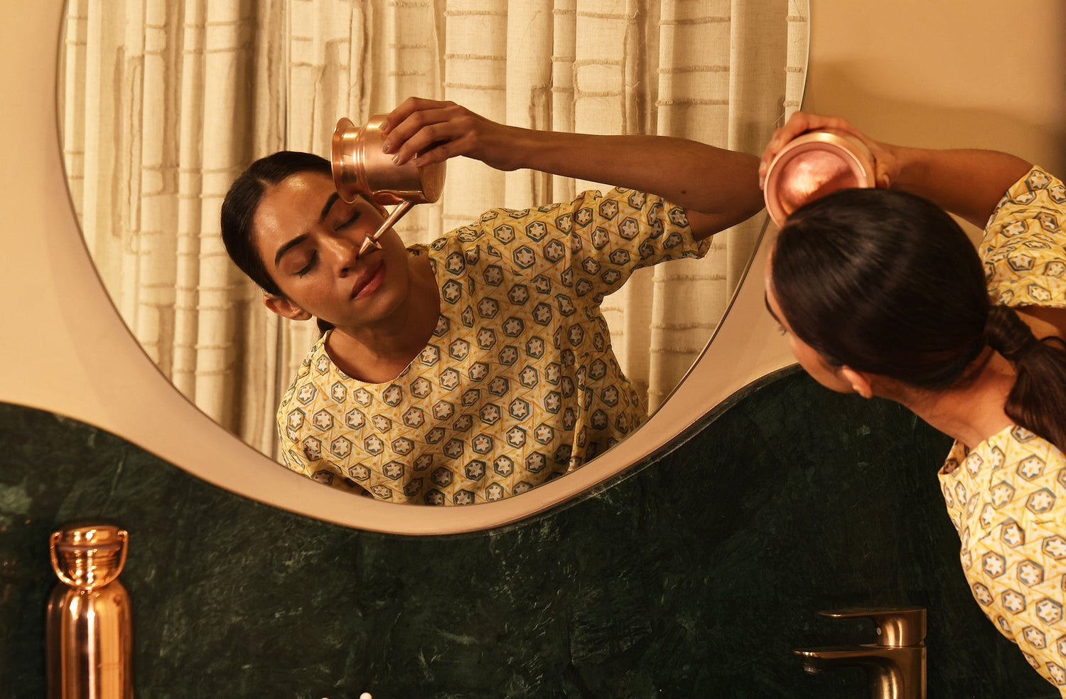 Art of Vedas Jal Copper Neti Pot - Woman Using Copper Neti Pot for Jal Neti Nasal Irrigation and Sinus Cleansing